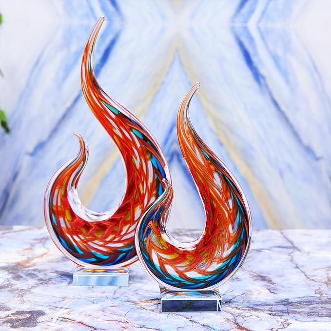 Luxury Lane Hand Blown Flame Sommerso Art Glass Sculpture for Home Decor 12 inch Tall Centerpiece Table Decoration