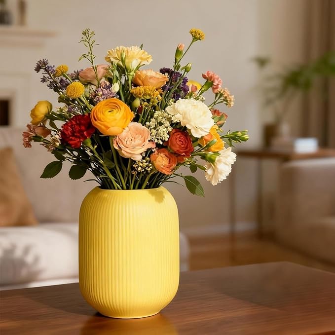 Ceramic Boho Vase Set of 3, Modern Colorful Ceramic Vases with Ribbed Texture, Minimalist Home Decor for Table Centerpiece, Kitchen, Living Room, Table Shelf, Office Decor