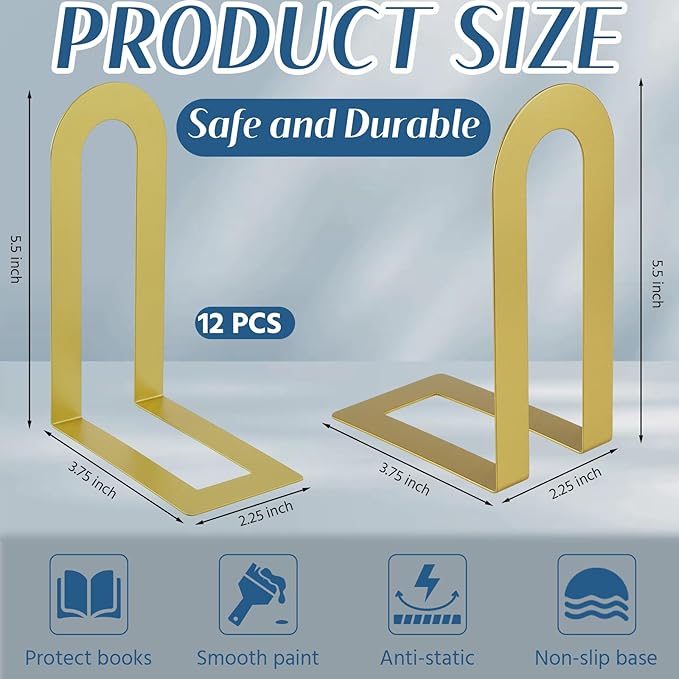 Chunful 6 Pcs Modern Metal Book Ends for Shelves Decorative Small Bookends Book Shelf Organizer Minimalist Design Stopper to Hold Books for Home Office (5.5 * 3.75 * 2.25inch,Gold)