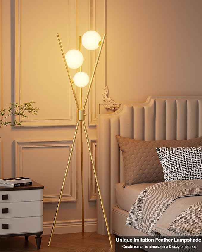 ACOHOOK 3 Globe Dimmable Tripod Floor Lamp, Mid Century Standing Lamps with 3Pcs 3000K Bulbs Included, Modern Tall Lamp for Living Room Bedroom Office-Gold
