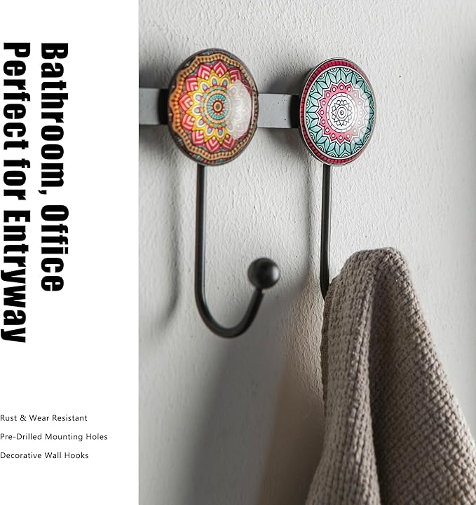 Boho Coat Rack Wall Mounted with 5 Hooks, Multi-Color Mandala Pattern Decorative Wall Hooks for Hanging Hat, Key, Towel, Purse, Bag, and Robe - for Entryway, Bathroom, and Office