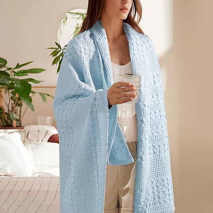 PHF 100% Cotton Waffle Weave Throw Blanket, Soft Lightweight Breathable Cozy Throws for Couch Bed Sofa, 300 GSM Luxury Aesthetic Blanket Gift for Home Decor & Office, 50"x60", Baby Blue