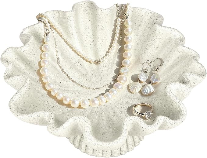 Large Decorative Bowls for Home - Fruit Pedestal Bowl for Coastal Decor - Scalloped Bowl - 10.3" Off-white Resin Unique Decor for Coffee Table