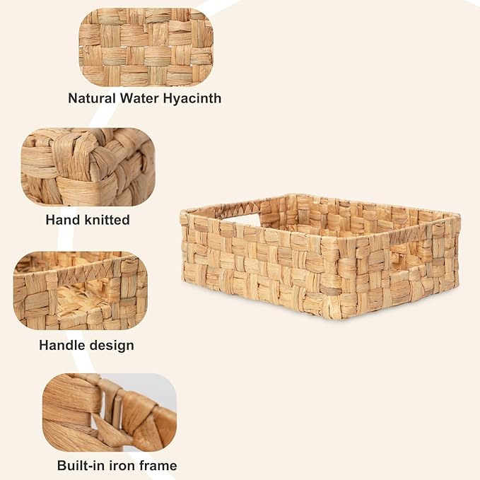 YAHUAN Water Hyacinth Storage Basket Handwoven Wicker Shelf Basket, Shallow Basket Tray Organizer with Handles for Home, Closet & Kitchen (Original)