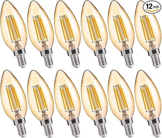 FLSNT LED Candelabra Light Bulbs 40W Equivalent, B11 E12 Small Base Chandelier Bulbs, 2200K Warm White, Dimmable, 330LM, Amber Glass Finishing, 12 Pack UL,CA65 Listed.