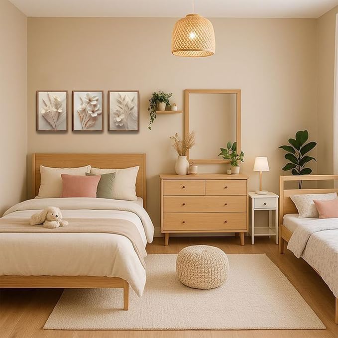 Neutral Beige Floral Canvas Wall Art Set of 3, Modern Minimalist Texture Botanical Wall Decor, Vintage Flower Poster Prints for Living Room Bedroom Farmhouse Ready Home Decor 24x16in Wood Framed
