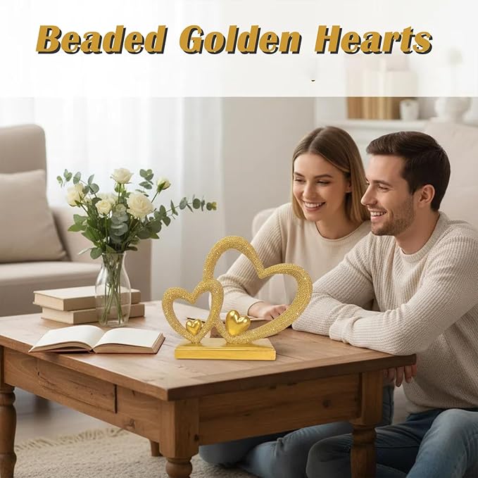 Double Heart Sculpture Valentine’s Day Statue, Faux Beaded Texture with Gold Accents, 7.9" Gold Romantic Decor for Shelf, Mantel, Bedroom, Wedding, for Her