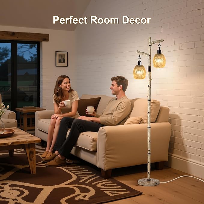 Scenekoy Retro 68.5” Tall Floor Lamp With Carving Shade, Farmhouse Resin Standing Lamp & Faux Birch Tree Finish, Dimmable Corner Lamp Stand Up Light with Bulb Prefer for Living Room Bedroom Home Decor