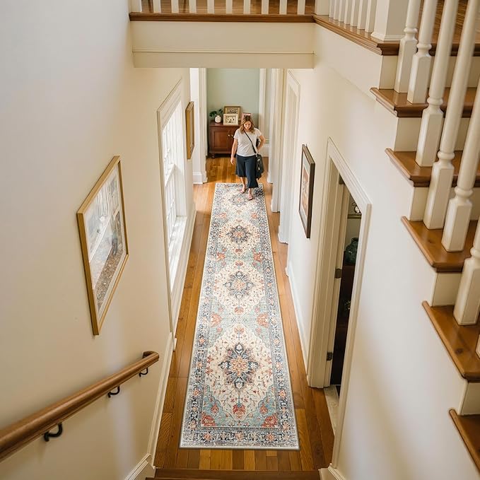 RELEANY Area Rugs 2'x10' Washable Non-Slip, Floral Vintage Distress Print Pattern Medallion Carpet for Living Room Bedroom Dining Room, Beige Navy Blue Orange Colorful