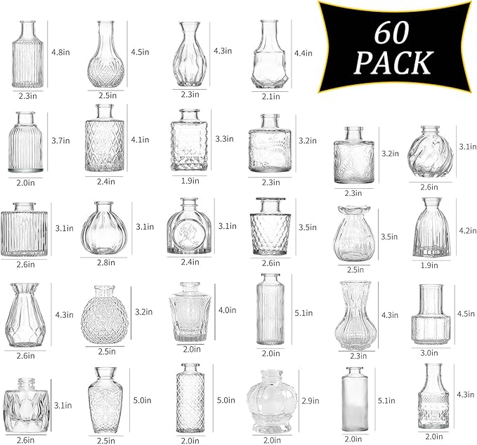 Glass Bud Vases Set of 60, Small Glass Vase for Flowers, Clear Small Vases for Centerpieces, Vintage Bud Vase in Bulk for Wedding, Party, Events, Reception, Home Decor
