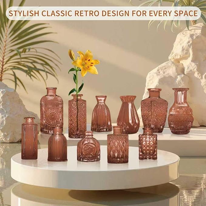 KUAGUINZUHE 12 Pcs Glass Bud Vase Set, Small Amber Vintage Flower Vases for Wedding Centerpieces in Bulk, Mini Embossed Vases for Home Table Decor, Party, Baby Shower Decorations