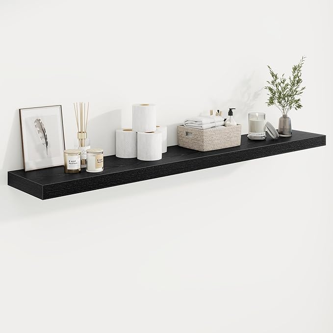 55in Floating Shelves for Wall, 55"W x 9.25"D x 1.5"H, Long Wall Mounted Engineered Wood Shelves with Invisible Brackets for Living Room, Bedroom, Bathroom, Kitchen Decor and Storage, Black