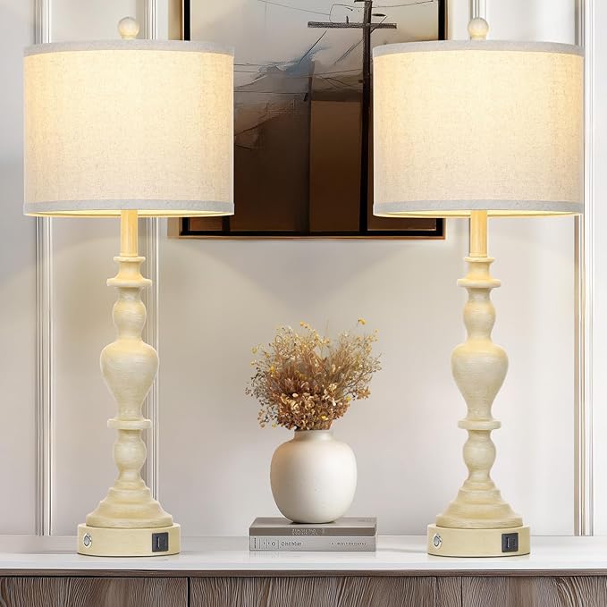 27" Vintage Farmhouse Table Lamps for Living Room Set of 2, Rustic Nightstand Lamps with USB C+A Ports, 3-Way Dimmable Retro Bedside Lamps for Bedroom Office 2 LED Bulbs Included Washed Antique Beige