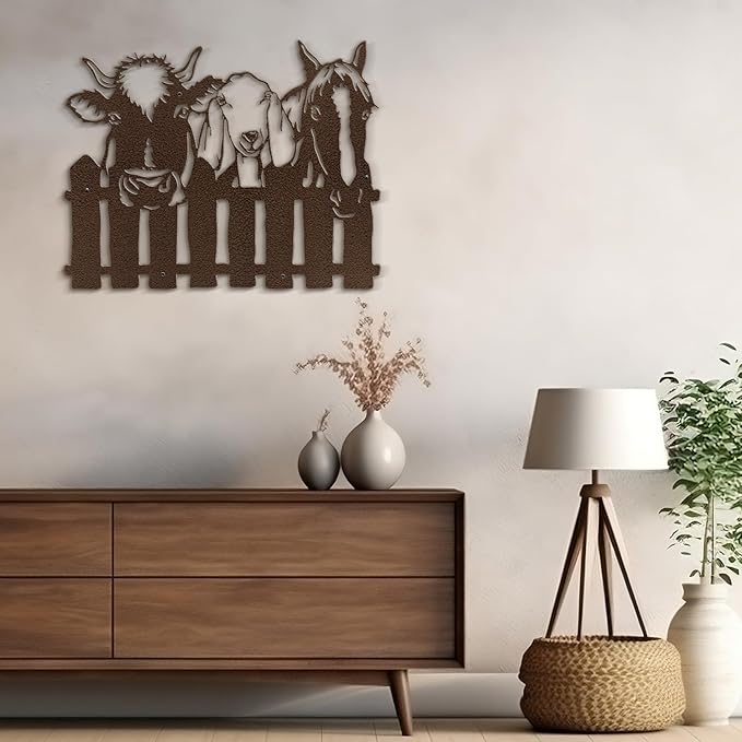 SIGNLEADER Metal Wall Art Decor Cows, Sheep, Horses by the fence Minimalist Modern Abstract Wall Sculpture Hangings Home Decoration for Living Room, Bedroom, Bathroom, Kitchen, Outdoor - 18" Bronze