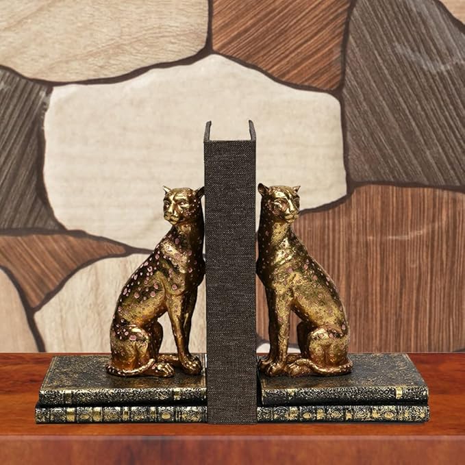 Comfy Hour Gold Cheetah Decorative Bookends, Unique Leopard Wildlife Art Book Ends for Shelves, Heavy Duty Resin Animal Statues for Books, 1 Pair