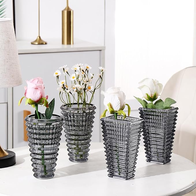 MCMCNCUIU Crystal Flower Vase Set of 4, Glass Vases for Centerpieces, Black Vases for Flowers, Small Vase for Living Room, Bedroom, Kitchen, Office, Wedding
