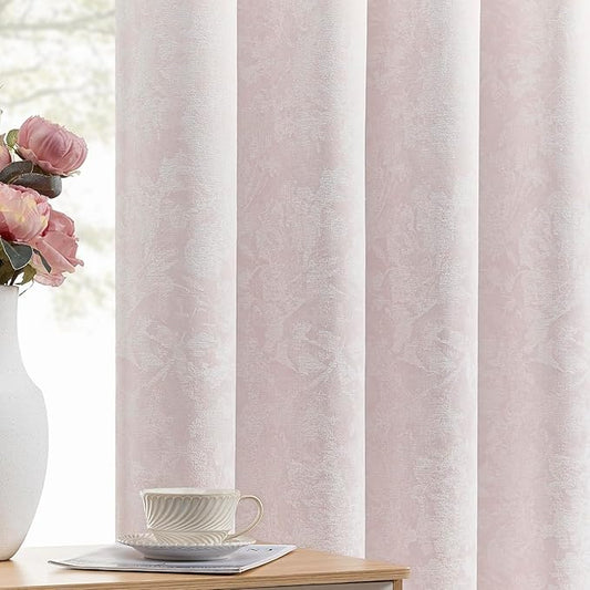 Beauoop Pink Floral Jacquard Blackout Curtains 120 Inches Long 2 Panels for Bedroom Living Room Chenille Flower Room Darkening Thermal Soundproof Grommet Window Treatments Drapes, 52x120