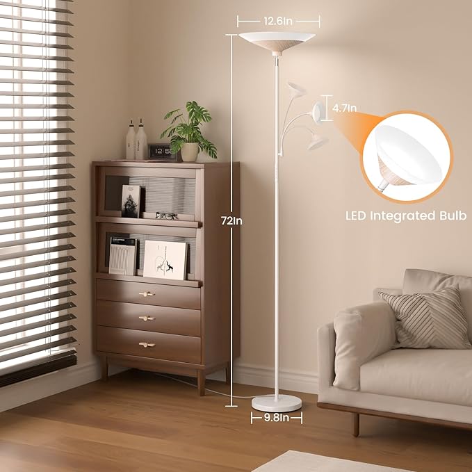 SIBRILLE Torchiere Floor Lamp with Wood Grain Shade, 72" Dimmable LED Standing Lamp with Remote, 2-in-1 Floor Reading Lamp with Color Changing, 34W White Corner Lamp for Living Room Bedroom Office