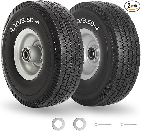 4.10/3.50-4" Flat Free Tire and Wheel, 10" Solid Tire with 5/8" Axle Bore Hole, 2.2" Offset Hub for Hand Truck Garden Wagon Cart Trolley Dolly Lawn Mover Replacement