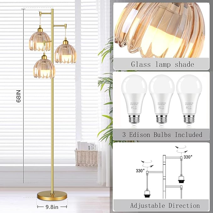 WLQCWL Modern Floor Lamp for Living Room Bedroom-3 Light Gold Floor Lamp with Glass Lampshape, Flower Tall Lamp Glass Standing Lamp Tree Floor Lamps for Living Room Bedroom,Corner