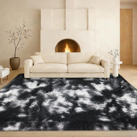 Mtandyx 5x7 Plush Fluffy Area Rugs, Large Soft Carpet, Upgraded Non-Slip Rectangular Rug for Living Room, Bedroom, Kids Room, Dorm, Modern Home Decor Aesthetic,Black White Grey.