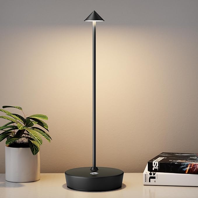 Rechargeable Cordless Table Lamp, Portable Powered LED Battery 6000mAh Metal USB Desk Lamp, 3 Levels Brightness Light for Restaurants Outdoor (Black)