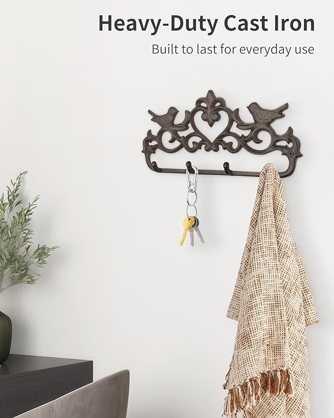 Vintage Cast Iron Wall Mounted Coat Rack with 4 Hooks - Rustic Wall Hook Rack, Farmhouse Key Holder, Heavy Duty Towel Hanger, Decorative Bird & Heart Design, Antique Black-Brown