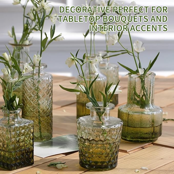 KUAGUINZUHE 12 Pcs Glass Bud Vase Set, Small Green Vintage Flower Vases for Wedding Centerpieces in Bulk, Mini Embossed Vases for Home Table Decor, Party, Baby Shower Decorations