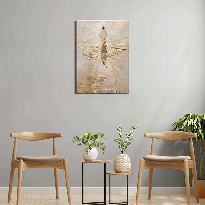 1Pcs Frame Jesus Walking on Water Canvas Wall Art Christian Jesus Walking on Water Back Wall Decor Pictures I Will Walk With Christ Posters Prints for Church Dining Living Room Kitchen Wall Bedroom Decoration16x24in