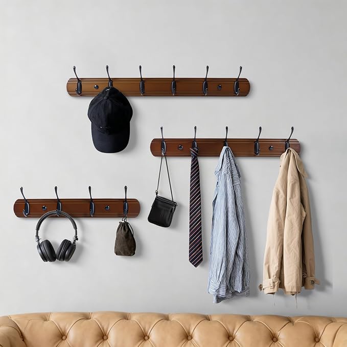 Coat Hooks Wall Mount, Wood Bamboo Wall Coat Rack with 4 Metal Hooks for Hanging Clothes, Towels, Keys, Bags(Brown&Black)