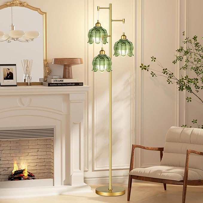 WLQCWL Vintage Floor Lamps for Living Room Bedroom-3 Light Gold Floor Lamp with Glass Lampshape, Flower Green Tall Lamp Mid Century Modern Standing Lamp Tree Floor Lamp for Bedroom Living Room Corner