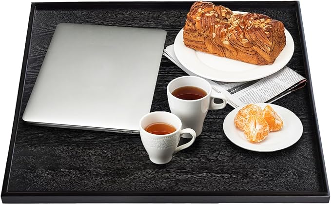24 x 24 Inches Large Square Black Solid Wood Ottoman Tray, Serve Tea, Coffee or Breakfast in Bed, Classic Wooden Decorative Serving Tray with Raised Edges, Kitchen Party Bar Server Table Tray
