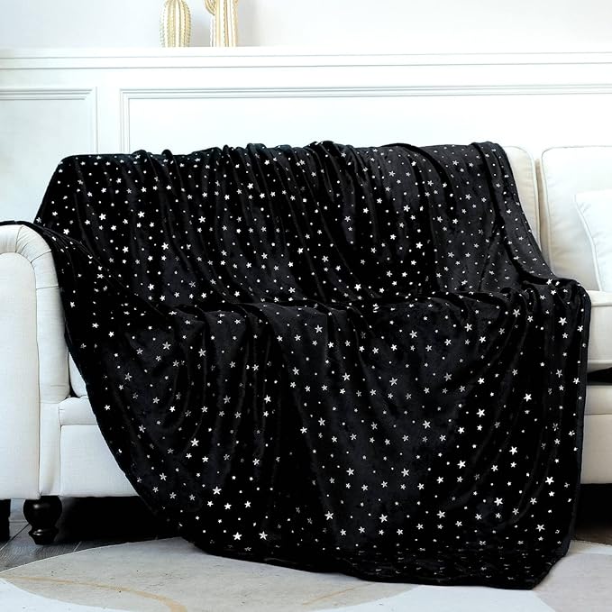 NANPIPER Fleece Blankets Warm Fuzzy Queen Size Blanket,Super Soft Star Foil Print,90"x 90" Black
