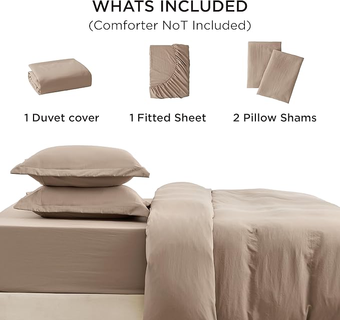 Bedsure Duvet Cover Queen Size with Fitted Sheet - 4 Pieces Prewashed Cotton-Like Extra Soft Bedding Set, Includes 1 Duvet Cover 90x90 Inches, 2 Pillow Shams, 1 Fitted Sheet, Deep Beige