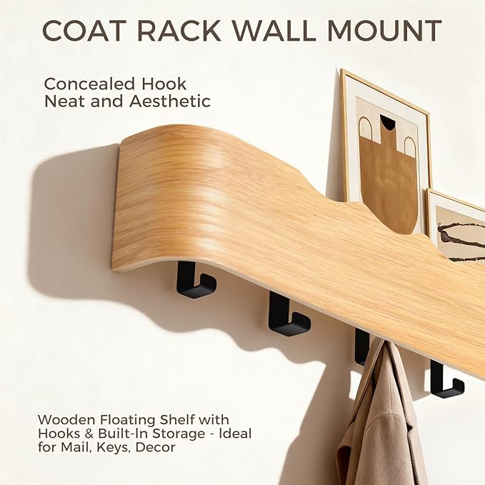 Wall Coat Rack Floating Shelves Modern Coat Rack Wall Mount with Storage Entryway Shelf Wooden Hanger 20 Inch 4 Hidden Metal Hooks for Living Room Bedroom (Wavy Oak, 4 Hooks)