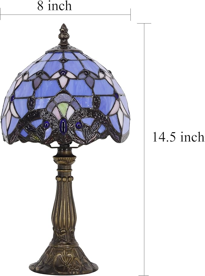 Small Tiffany Lamp Stained Glass Desk Lamp Vintage Tiffany Bedside Table Lamp for Home Living Room Bedroom Nightstand 8X15 Inch (Blue Baroque Style)