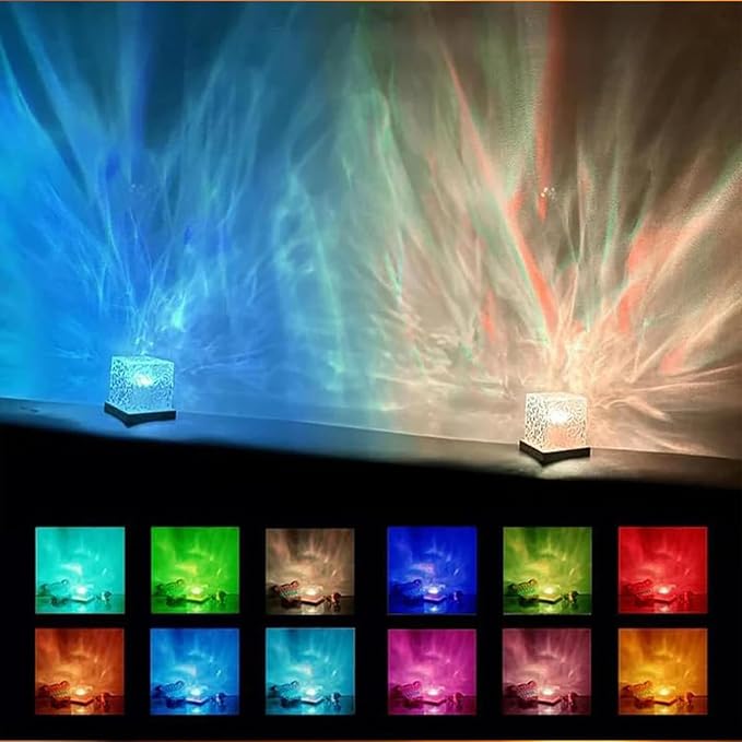 Ocean Wave Projector Light with 16 Colors, Luminorthe Cube Lamp for Kid's Bedroom with Remote, 3D Water Ripple & Aurora Effect, Meditation Night Light Gift