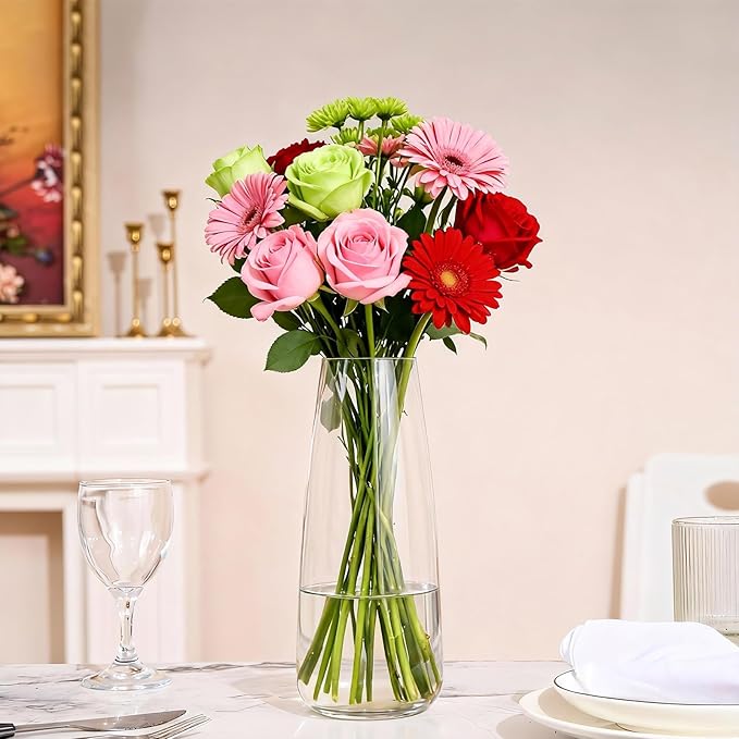 Clear Glass Vase for Home Decor, Modern Home Decor for Long-Stem Flowers, Table Centerpiece for Living Room, Dining Table & Bedroom,Iridescent (8.7 Inch)