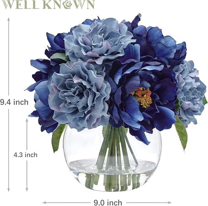 WELL KNOWN Artificial Flowers in Vase, Silk Blue Peonies for Vase with Faux Water, Fake Flower Arrangements for Winter Spring Home Coffee Dining Table Decor Wedding Centerpieces & Christmas Mom's Gift