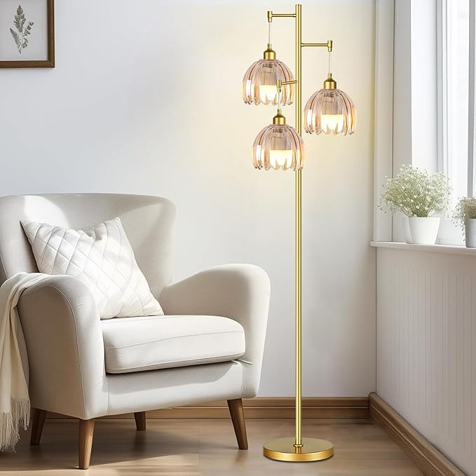 ZECOXOL Gold Floor Lamps for Living Room Bedroom-3 Light Glass Floor Lamp with Three Led Bulb, Rustic Tall Floor Lamp Gold Standing Lamp Tree Floor Lamps for Living Room Bedroom,Office,Corner