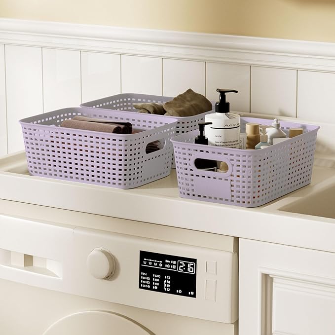 Plastic Storage Bins with Bamboo Lid - Stackable Pantry Storage Organizer with Lid - Storage Basket with Lable for Organizing: Small Storage Box for Shelves Cabinet Office Drawer Desktop 10x7x4in 6Pcs