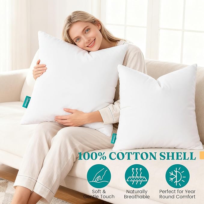 Oubonun 16x16 Feather Down Throw Pillow Inserts, 100% Cotton Cover, Medium Firm Decorative Pillow Inserts for Couch, Sofa, Bed, Chair (Set of 2)