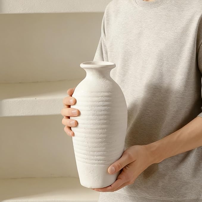 Ceramic Farmhouse Vase, 14.4 Inch Large Handmade Rustic Flower Vase, Waterproof Tall Vase for Pampas Grass & Home Decor, Ideal for Living Room, Shelf, Wedding & Housewarming Gift in Off-White