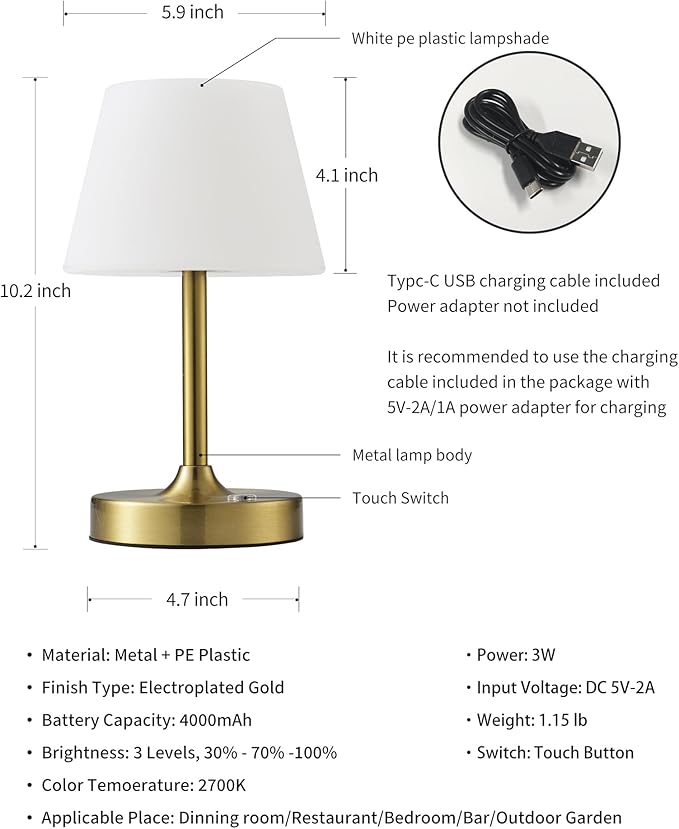 PUSU Cordless LED Gold Small Table Lamp, Waterproof Shower Light with 4000mAh Battery, Portable Rechargeable Touch Dimming Night Light for Bathroom, Outdoor Camping, Kitchen, Patio, Restaurant