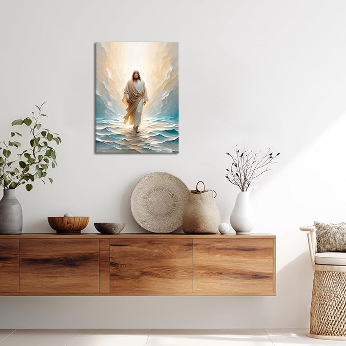 Jesus Walking on Water Canvas Wall Art Religious Christian Bible Stories Poster Oil Painting Wall Decor Religious Savior Pictures Aesthetic for Living Prayer Room Church Bedroom 12x16 in Framed