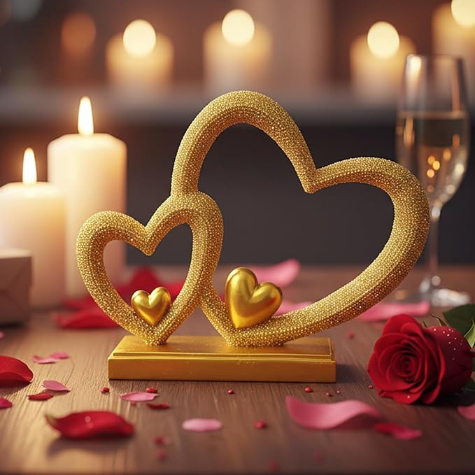 Double Heart Sculpture Valentine’s Day Statue, Faux Beaded Texture with Gold Accents, 7.9" Gold Romantic Decor for Shelf, Mantel, Bedroom, Wedding, for Her