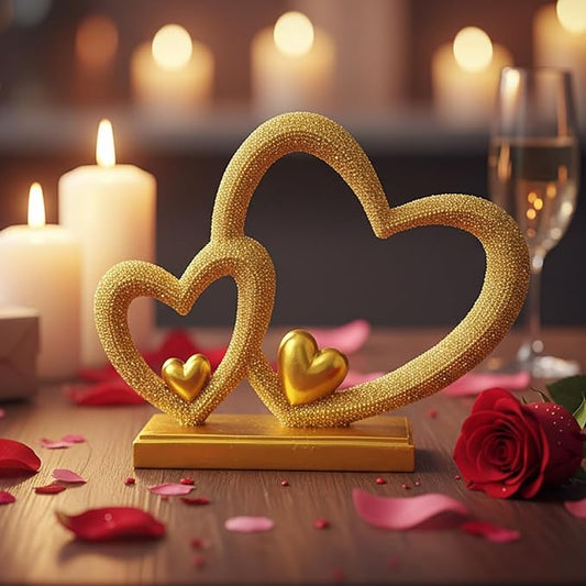 Double Heart Sculpture Valentine’s Day Statue, Faux Beaded Texture with Gold Accents, 7.9" Gold Romantic Decor for Shelf, Mantel, Bedroom, Wedding, for Her