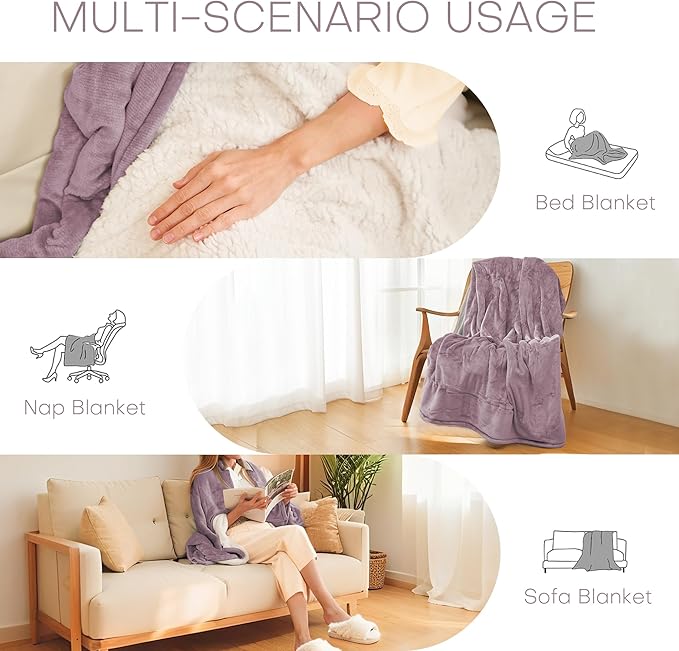 Electric Heated Blanket Throw Size 50"x60" - Flannel & Sherpa Fabric Dual-Sided, 6 Heat Settings & 1-3 Hours Auto Off, Soft & Cozy Machine Washable, Lavender Purple