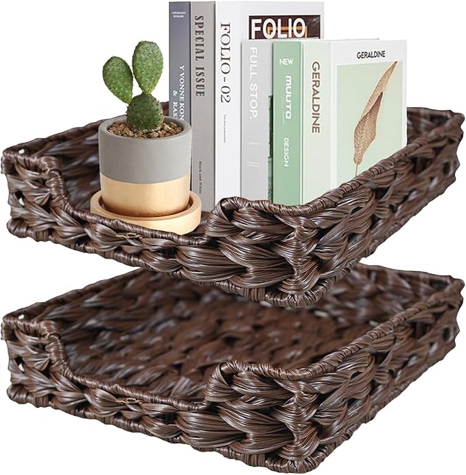 2 Pcs A4 File Tray Letter Desk Basket Paper Tray File Basket for Desk Organizer Letter Size Documents Trays for Office Toilet Tank Organizer-Brown