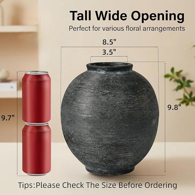Black Round Ceramic Vase, 9.8 inch Large Textured Flower Vase,Minimalist Rustic Farmhouse Decor for Home, Living Room, Shelf, Table, Bathroom & Entryway Decoration (Black Bronze)